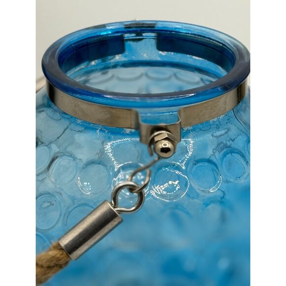 Blue Bubble Glass Hanging Candle Holder With Metal & Rope Handle - Picture 5 of 14
